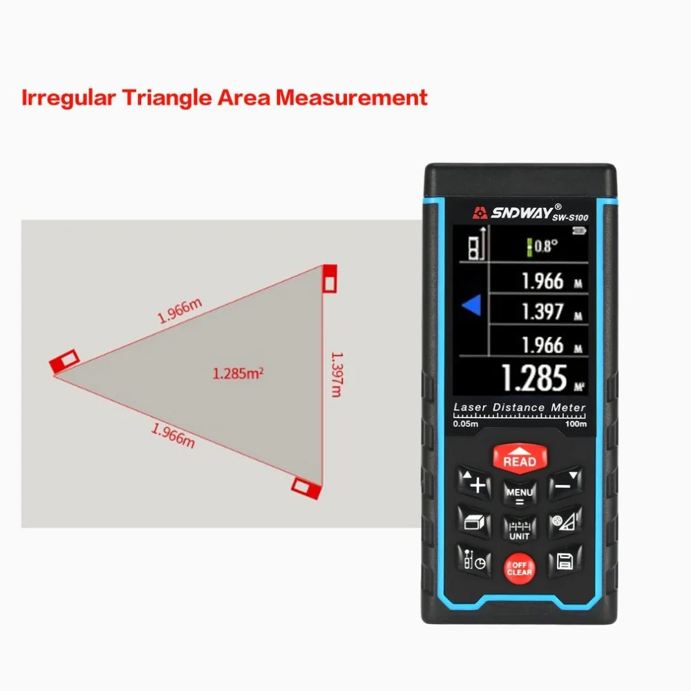 SNDWAY SW-S100 100M Handheld Laser Distance Meter Range Finder Trena Laser Tape Measure Distance Tool Rangefinder
SNDWAY SW-S100 100M Handheld Laser Distance Meter Range Finder Trena Laser Tape Measure Distance Tool Rangefinder