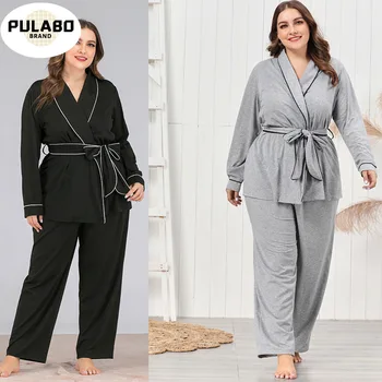 

Women Set Solid-colored V-Neck Long-sleeved Belted Top Large-sized Home Suit Balck Pajama Sets Women Home Clothes
