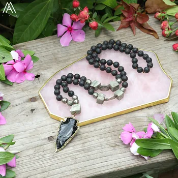 Natural Black Tourmaline Arrowhead Pendant 8mm Black Lava Iron Pyrite Round Beads Knotted Handmade Necklace 32 Inch Long
Natural Black Tourmaline Arrowhead Pendant 8mm Black Lava Iron Pyrite Round Beads Knotted Handmade Necklace 32 Inch Long