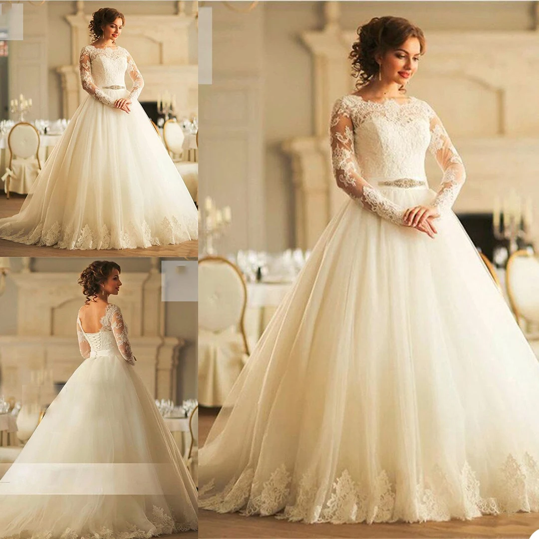 

Luxury Wedding Dresses Jewel Long Sleeves Lace Appliques Bridal Gowns Custom Made Lace-Up Back Sweep Train A Line Wedding Dress