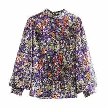 Feminino elegante teste padrão floral blusa gola lanterna manga camisas feminino casual escritório wear chic tops(China)