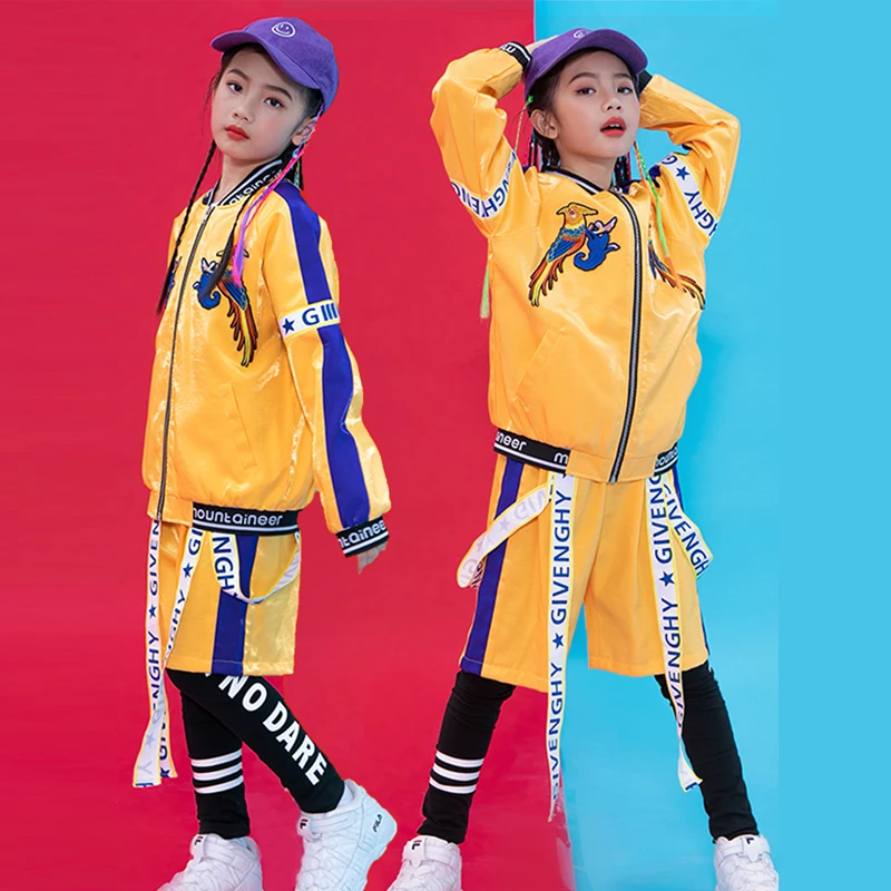 

Children's Jazz Dance Costume Street Set For Girls Yellow Hip Hop Clothing Drums Performance Show Costumes Autumn Tide DL4640