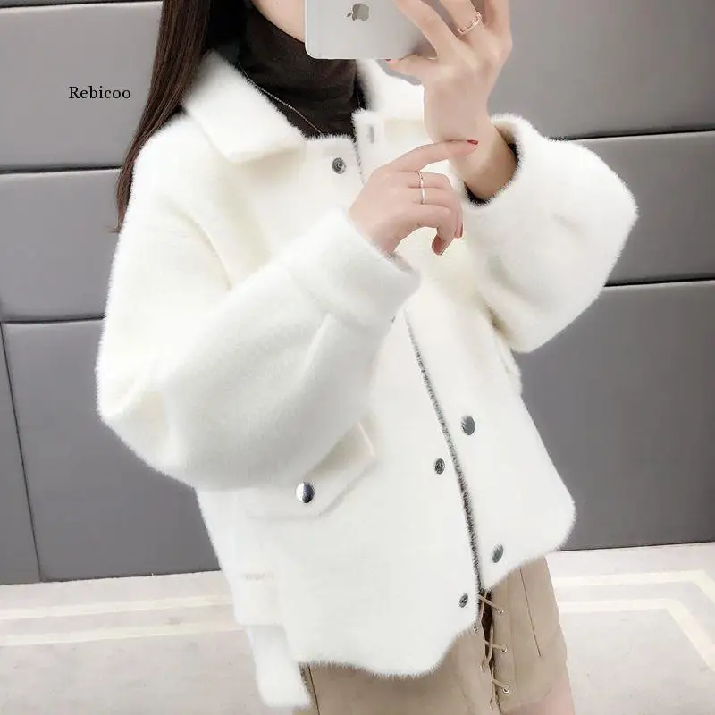 

Women Thick Warm New Faux Mink Cashmere Cardigan Elegant Solid Sweater Cardigan Lantern Sleeve Knitted Sweaters Coat Outwear