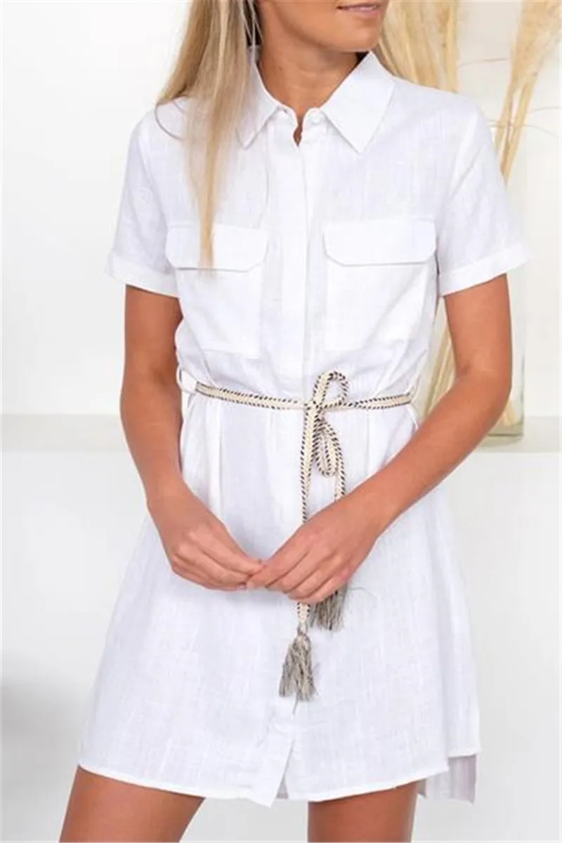 Women Dress Fashion Single-Breasted White Short Dress Cotton And Linen Fashion Short-Sleeve Bandage Office Lady Shirt Dress 30
Women Dress Fashion Single-Breasted White Short Dress Cotton And Linen Fashion Short-Sleeve Bandage Office Lady Shirt Dress 30