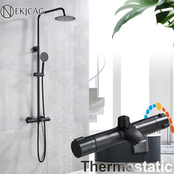 

Black Thermostatic Bathroom Shower Faucet Set Chrome 8 inch Shower Head Brass tub spout Bathtub Shower Crane Thermostatic Taps