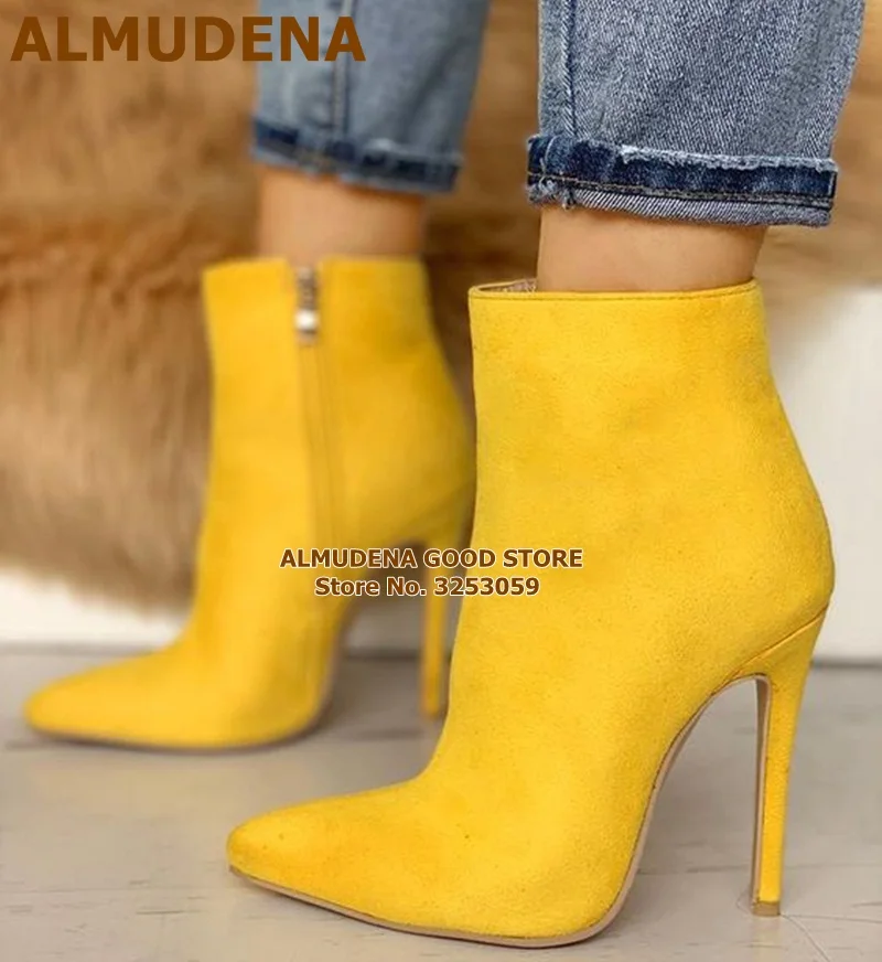 

ALMUDENA Yellow Suede Ankle Boots Stiletto Heels Pointed Toe Short Booties Gladiator Motorcycle Boots Zipped Dress Pumps Shoes