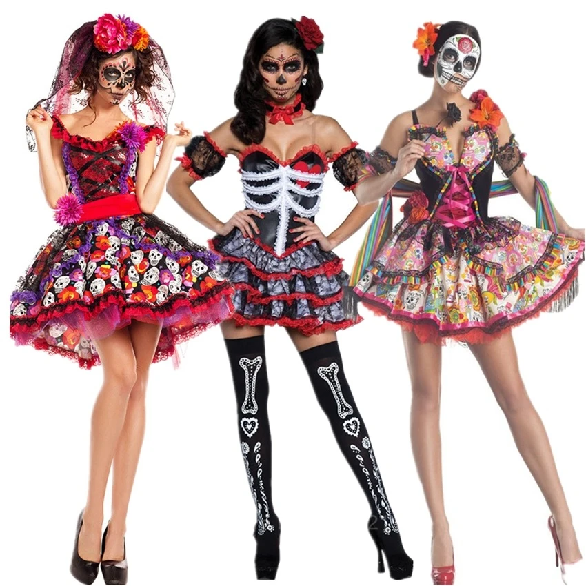 

Scary Skeleton Costume Halloween Cosplay Sexy Skull Devil Disguise Witch Women Fancy Dress Bride Carnival Party Dance Night Club
