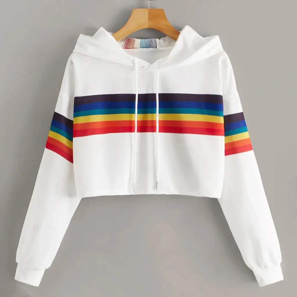 Jaycosin 2019 Fashion Autumn Women Rainbow Stripe Sweatshirt Stylish Long Sleeve Comfortable Female Casual Crop Blouse 930#10