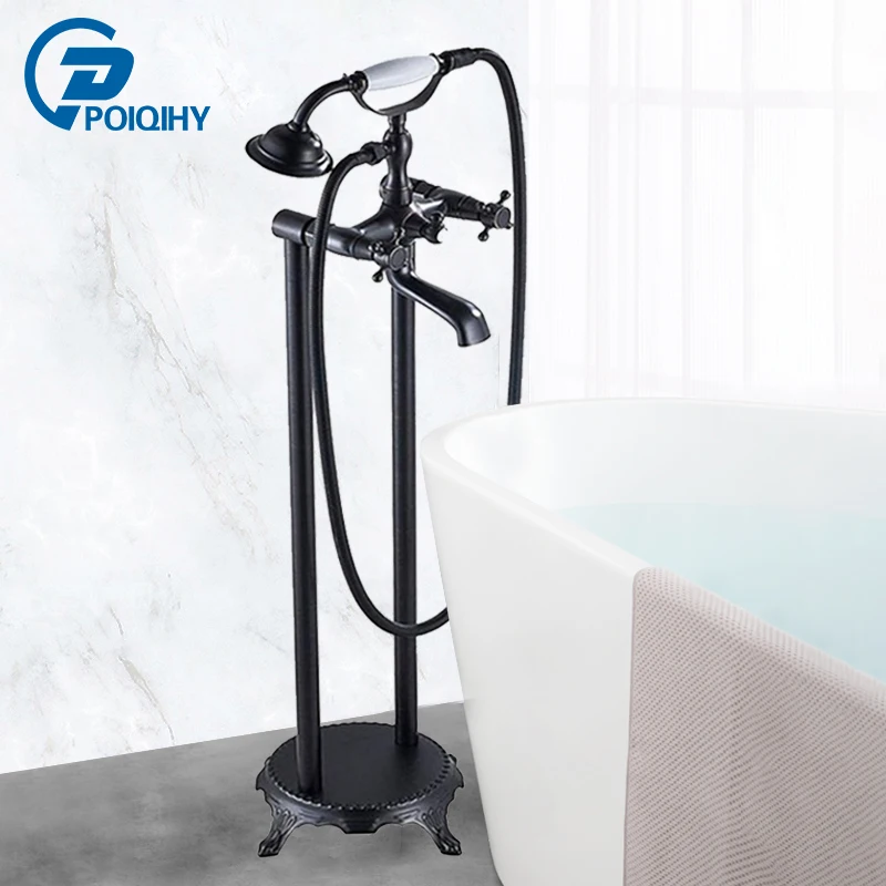 

Black Bronze Floor Standing Bathtub Shower Faucet Chrome ceramics handle Crane Swivel Tub Spout Dual Handle Hot Cold Mixer Tap