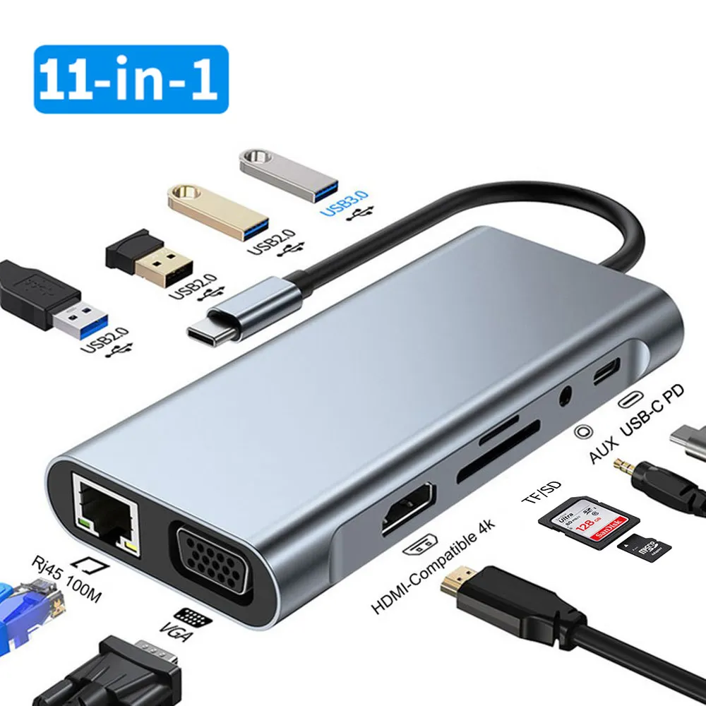 11 в 1 USB C HUB to 4K HDMI-совместимый VGA RJ45 адаптер с PD TF SD разъемом 3 5 мм AUX порт док-станция