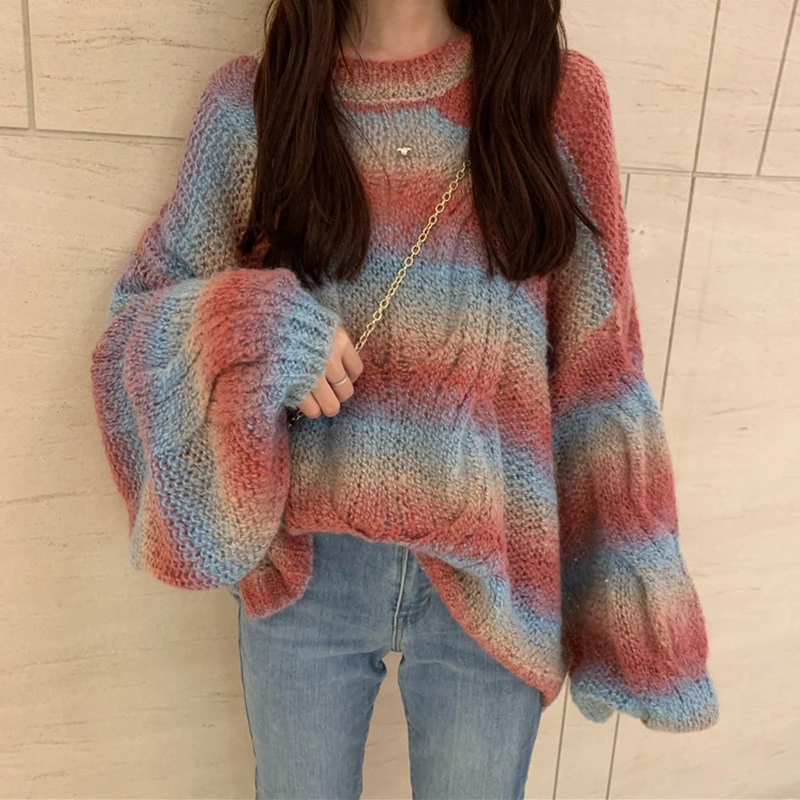 Rainbow Pullover Fashion Sweater Lantern Long Sleeve Knitted Jumper Ladies Sweaters O Neck Loose Tops Autumn Swetry Damskie 
Rainbow Pullover Fashion Sweater Lantern Long Sleeve Knitted Jumper Ladies Sweaters O Neck Loose Tops Autumn Swetry Damskie