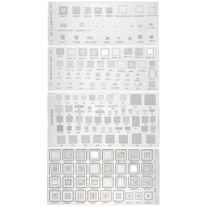 4PCS Universal BGA Stencil for MTK MSM Samsung Huawei Xiaomi iPad CPU RAM PM Power IC Reball Pin BGA Direct Heat Template
4PCS Universal BGA Stencil for MTK MSM Samsung Huawei Xiaomi iPad CPU RAM PM Power IC Reball Pin BGA Direct Heat Template