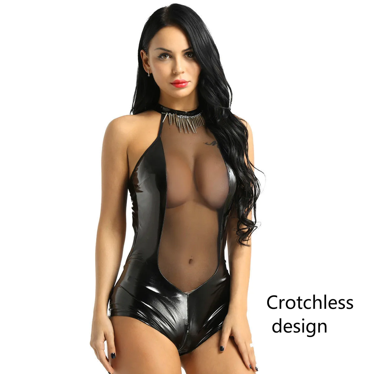 

Erotic Sexy Crotchless Latex Bodysuit Net Lingerie Breast Exposing Transparent See Through Catsuit Leather Open Crotch Dress