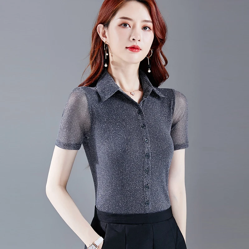 Shiny Lurex Tops Women Blouse Black Slim Button Casual Short Sleeve 2020 Blusas Turn-down Collar Shirts Elastic Tops And Blouses
Shiny Lurex Tops Women Blouse Black Slim Button Casual Short Sleeve 2020 Blusas Turn-down Collar Shirts Elastic Tops And Blouses