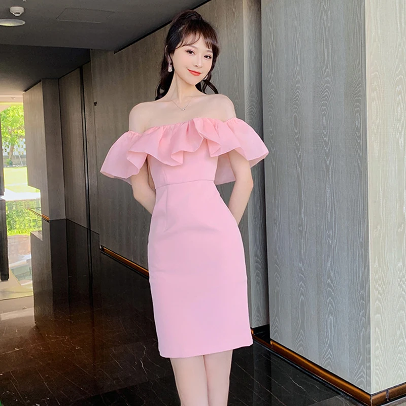 

Korean Style Vintage Sweet Cute Sexy Off-Shoulder Split Midi Party Club Dress Ladies Elegant Streetwear Ruffle Pink Pencil Dress