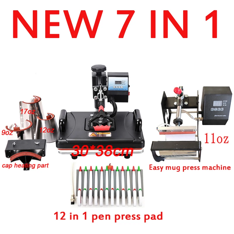 New 30*38CM 7 in 1 Combo Heat Press Machine Sublimation Heat Press Heat Transfer Printer For Mug/Cap/T shirt/Phone Cases/Pen
New 30*38CM 7 in 1 Combo Heat Press Machine Sublimation Heat Press Heat Transfer Printer For Mug/Cap/T shirt/Phone Cases/Pen