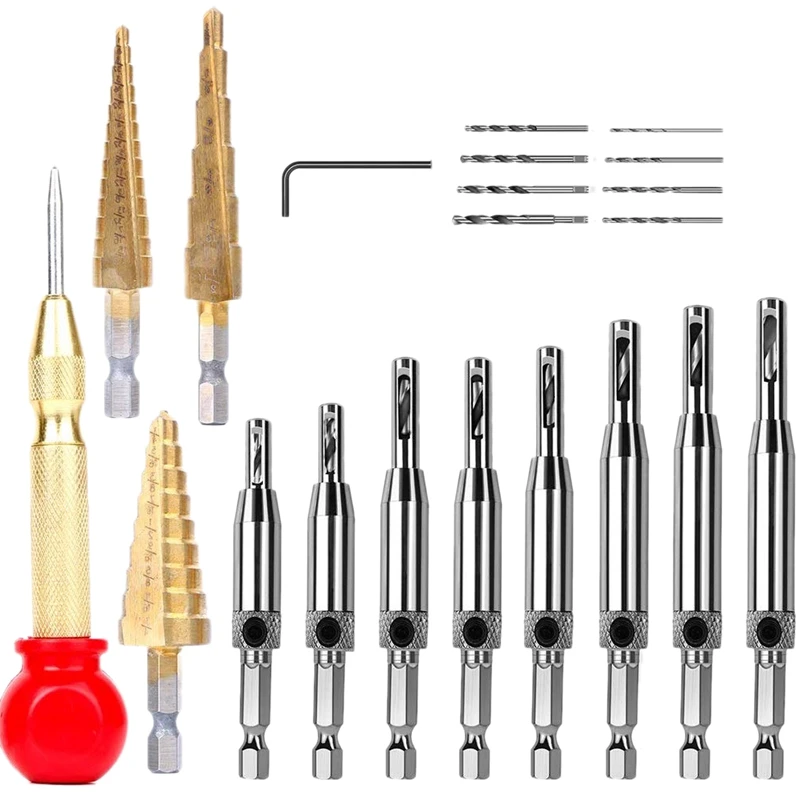 21Pcs Center Drill Bit Set with L-Wrench and Step Drill Bit Set with Automatic Center Punch Self Centering Hinge Tapper Core Hol
21Pcs Center Drill Bit Set with L-Wrench and Step Drill Bit Set with Automatic Center Punch Self Centering Hinge Tapper Core Hol
