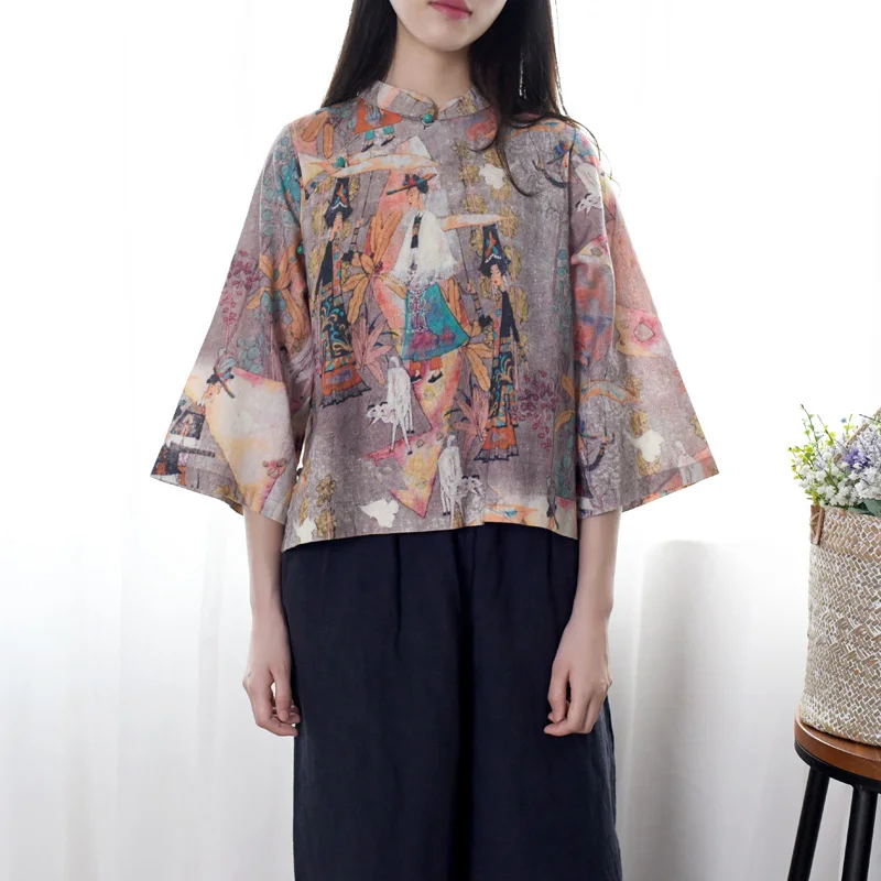 Vintage Fresco Character Print Stand Collar Beads Button Three Quarter Sleeve Ramie Linen Shirt, Classical Pattern Short Blouse
Vintage Fresco Character Print Stand Collar Beads Button Three Quarter Sleeve Ramie Linen Shirt, Classical Pattern Short Blouse
