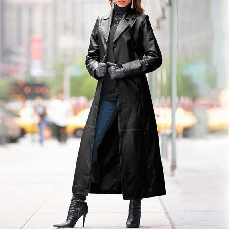 Фото Женская Длинная кожаная куртка свободная Ветровка из искусственной кожи в стиле