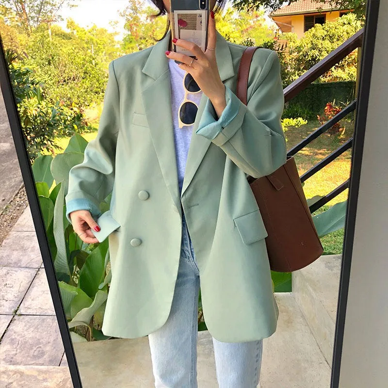 Spring Autumn Fashion Suit Jacket Full Sleeve Chic Loose Light Green Women Blazer Summer One Button Female Outwear Blaser Femme | Женская