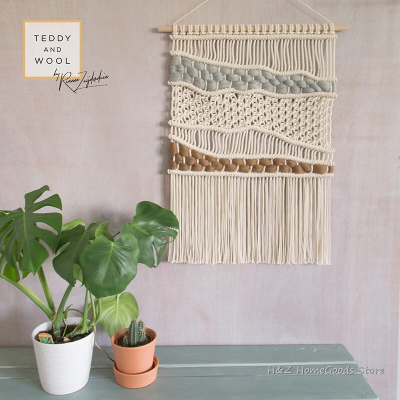 Hand-Woven Bohemian Color Macrame Wall Tapestry - Creamy White & Brown Art 2 H87c7adf1a66c40fdaf60f7f28b80ccb5c