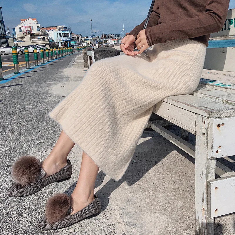 Autumn And Winter New Style Mink-like High-waisted Slit Mid-length Thick Mink Cashmere Knit Sheath Step