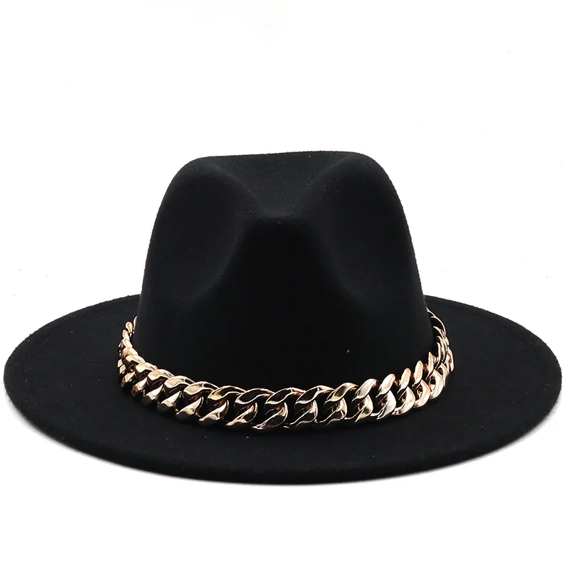 womens's hat wide brim Thick gold chain band classic black beige felted hat panama cowboy jazz men caps luxury fedora women hats
womens's hat wide brim Thick gold chain band classic black beige felted hat panama cowboy jazz men caps luxury fedora women hats