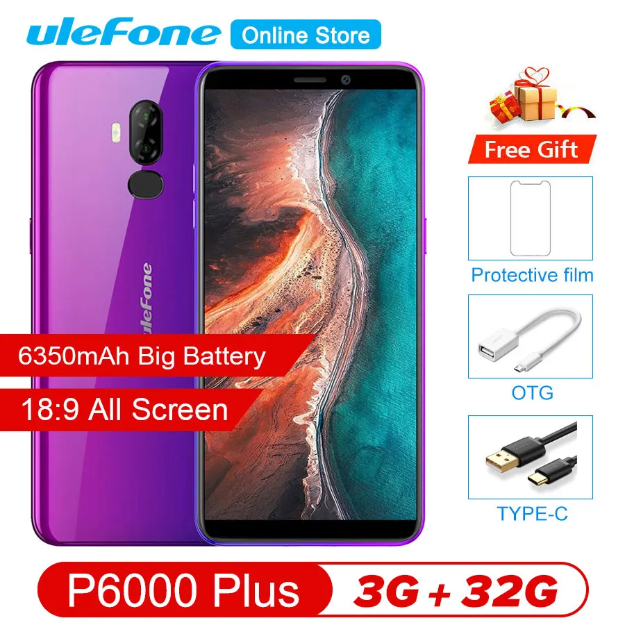 

Ulefone P6000 Plus Android 9.0 6350mAh Smartphone 6.0inch Face ID HD+ Dual Camera Ouad Core 3GB 32GB Face ID4G LTE Mobile phone