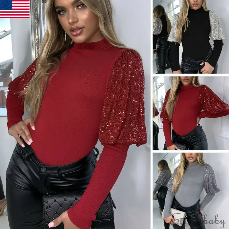 Women Puff Sleeve Tops Pullover Knit T-shirt Autumn Spring Female Slim Fit Shiny Tee Shirt Plus Size |