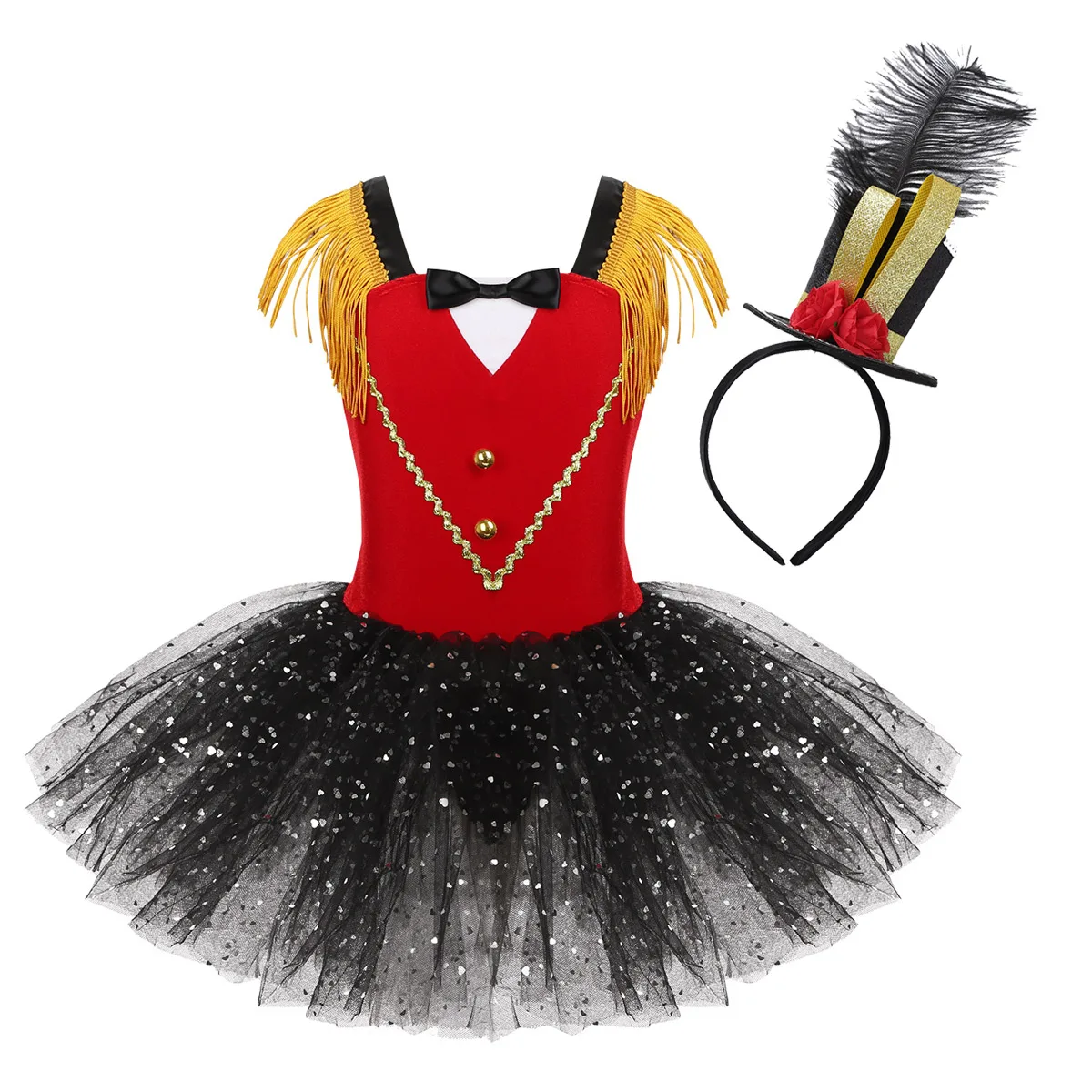 

Kids Girls Circus Ringmaster Costume Halloween Cosplay Sequin Mesh Tulle Tutu Dress Carnival Party Stage Performance Dancewear