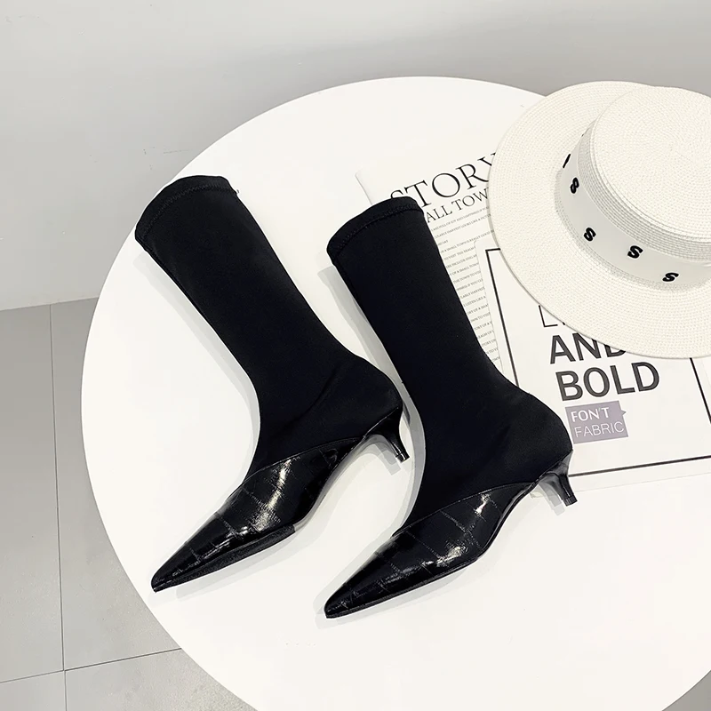 Woman Shoes Patchwork Half Boots Designer Pointed Toe Elastic Socks Boot Fashion Spike Heels Mid Calf Boots Zapatos De Mujer 
Woman Shoes Patchwork Half Boots Designer Pointed Toe Elastic Socks Boot Fashion Spike Heels Mid Calf Boots Zapatos De Mujer