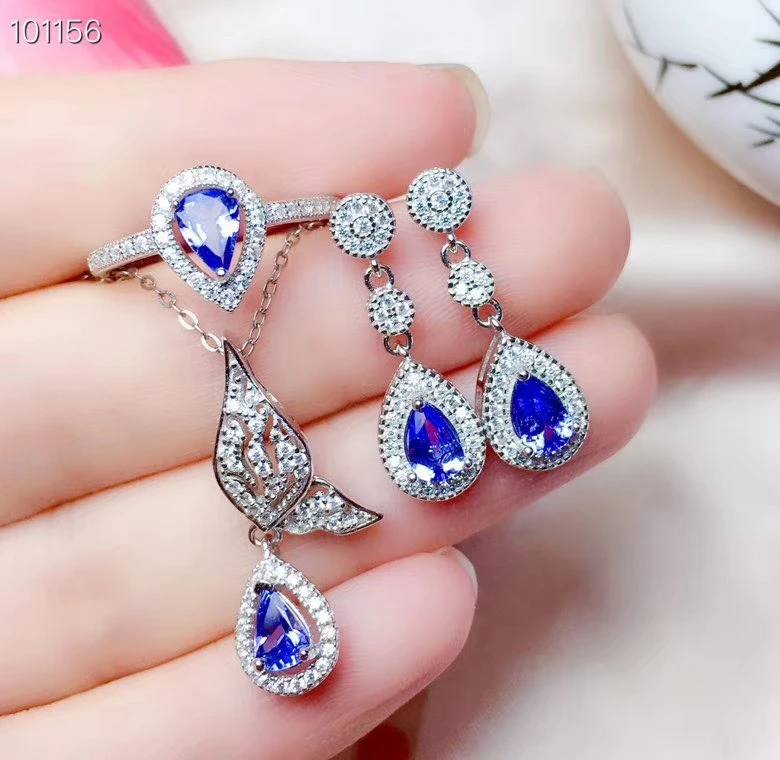 Natural blue tanzanite Ring Pendant earrings Gemstone Jewelry Set S925 Silver Feather water drop girl party gift jewelry | Украшения и