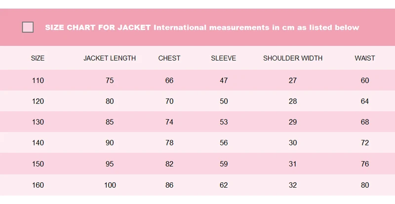 Size Chart For Jacket