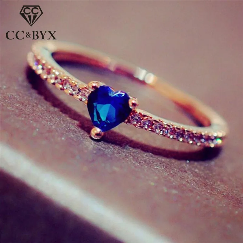 CC Rings For Women Blue Cubic Zirconia Heart Shaped Simple Trendy Jewelry Rose Gold Color Ring Bijoux Femme Drop Shipping CC2359 | Украшения