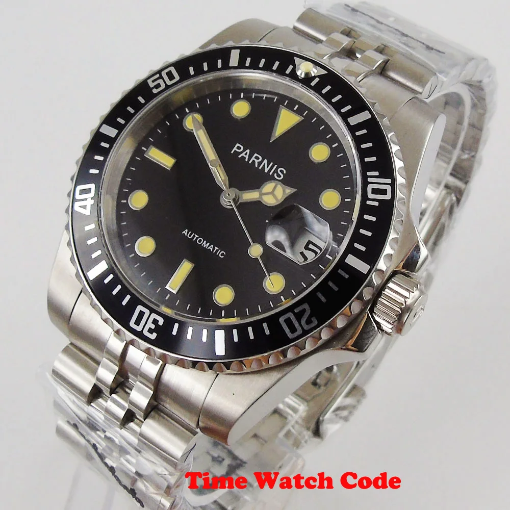 PARNIS 40mm Automatic Men's Wristwatch Black Dial Sapphire glass Date window ceramic bezel Jubilee bracelet Mechanical watch
PARNIS 40mm Automatic Men's Wristwatch Black Dial Sapphire glass Date window ceramic bezel Jubilee bracelet Mechanical watch