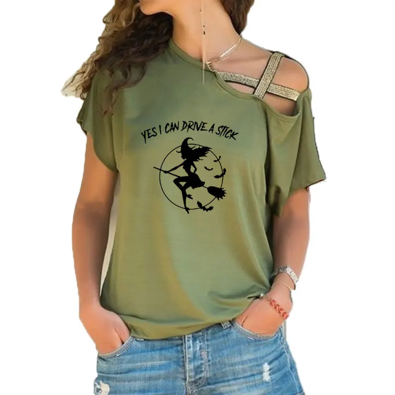 

Yes I Can Drive A Stick Witch Bats Print Funny Teeshirt Women Short sleeve Summer Cool Loose Irregular Skew Cross Bandage Tops
