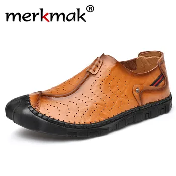 

Merkmak 2020 Spring Leather Men Shoes Business Casual Shoes Man Breathable Hollow Men's Loafers Soft Sole Male Flats Big Size 46
