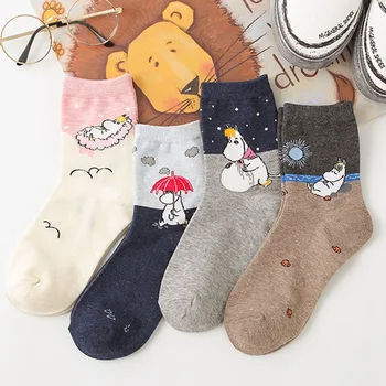 

2020 New Autumn and Winter Women Mumin Moomin Socks Hippo Japanese Cartoon Animal Funny Middle Tube Footwear