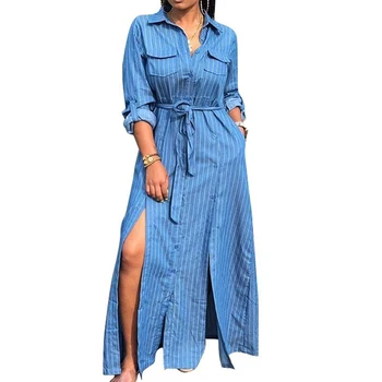 Women Casual Striped Denim Long Dress Front Button Sashes Bandage Autumn Full Sleeve Open Slit Jean Loose Dress Club Vestidos
Women Casual Striped Denim Long Dress Front Button Sashes Bandage Autumn Full Sleeve Open Slit Jean Loose Dress Club Vestidos