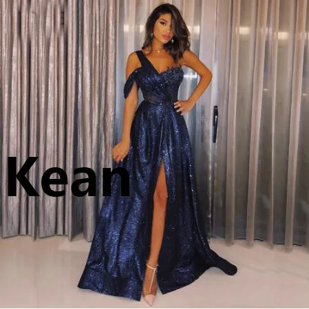 

Navy Blue High Slit Sequins Lace Evening Dresses One Shoulder robe de soiree Evening Gowns Prom Dress Vestidos De Festa