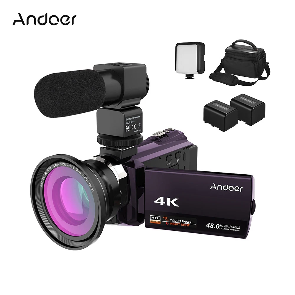Andoer 4K Camcord 1080P 48MP WiFi Digital Video Camera with 0.39X Wide Angle Macro Lens+Microphone+LED Video Light+Camera Bag
Andoer 4K Camcord 1080P 48MP WiFi Digital Video Camera with 0.39X Wide Angle Macro Lens+Microphone+LED Video Light+Camera Bag