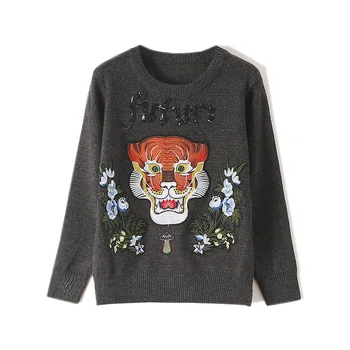 Fashion Women Pullover Sweater Tiger Head Embroidery Flowersknitted Jumper O Neck Female Pull Sweaters Womens Knitwear 
Fashion Women Pullover Sweater Tiger Head Embroidery Flowersknitted Jumper O Neck Female Pull Sweaters Womens Knitwear