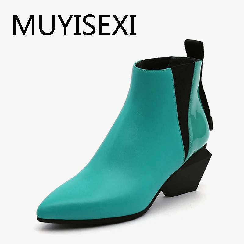 

6cm Strange Heel Chelsea Boots Slip-on Women Ankle Boots Pointed Toe Botas Mujer Ladies Mixed Color Short Booties HL178 MUYISEXI
