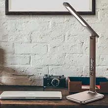 Artpad morden office couro USB charge port business gift touch dimmer lâmpada de mesa led dobrável com alarme relógio / calendário(China)