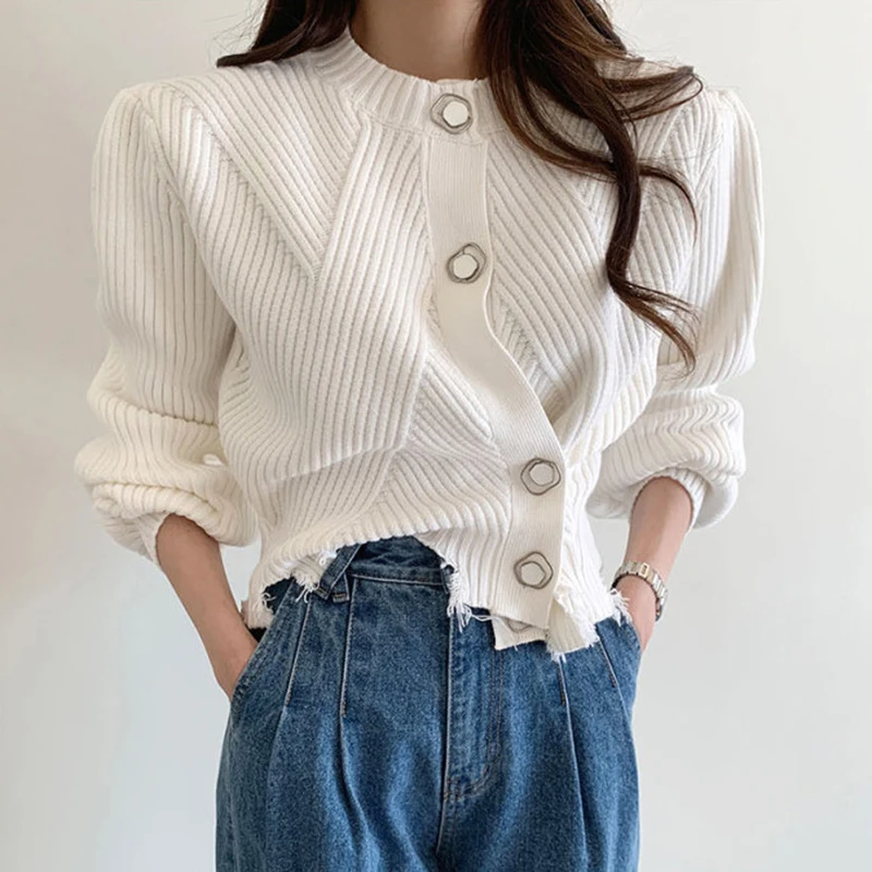 

Autumn Winter O-neck Single-breasted Women Knitted Cardigans Fashion Casual Ripped Edge Long Sleeve White Sweaters