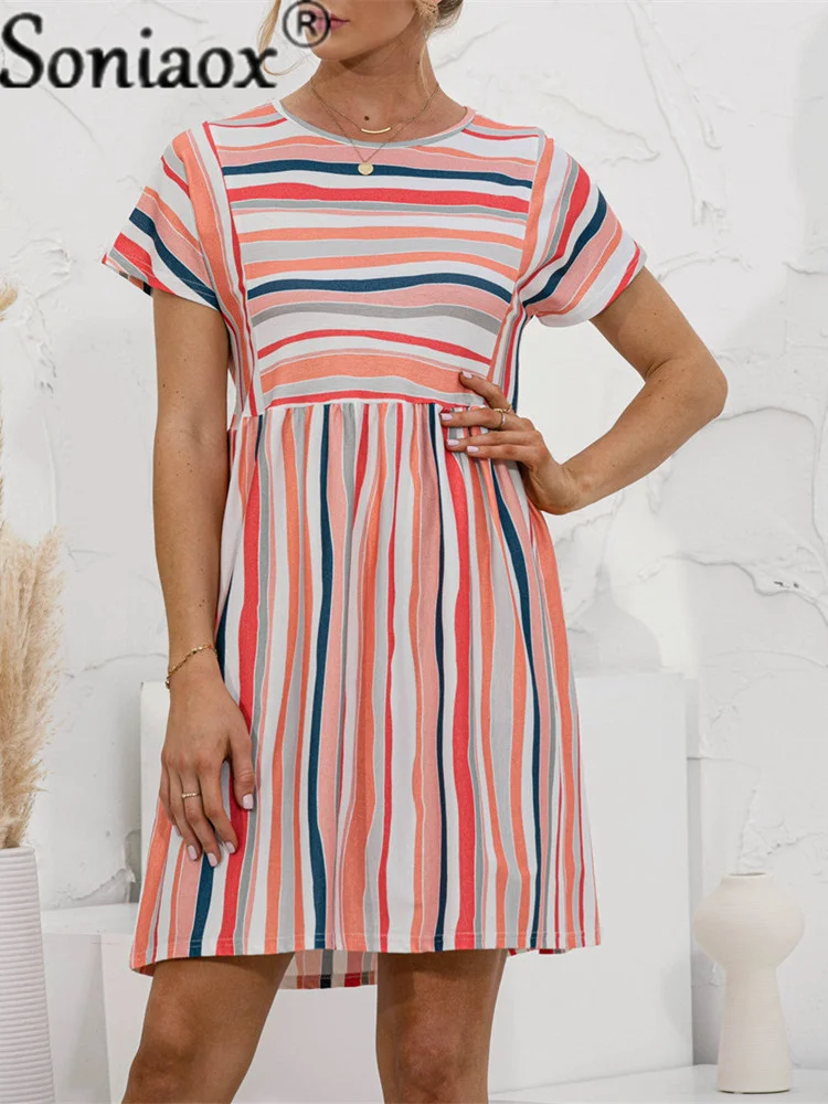 

2021 Summer New Fashion O Neck Women's Dress Casual Loose Short Sleeve Patchwork Pocket Ladies Stripe Print Elegant A Line Dress