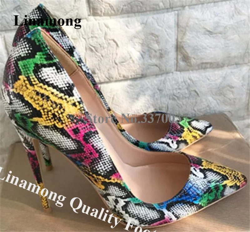 

Linamong Women Elegant Pointed Toe Snake Leather Stiletto Heel Pumps Slip-on Printed Leather 8cm 10cm 12cm High Heels