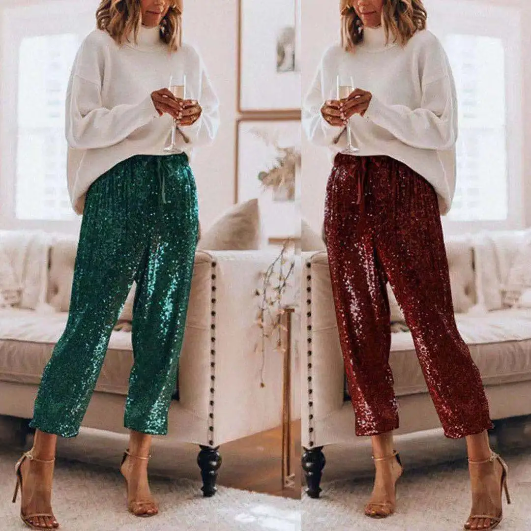 Sexy Sequined Glitter Shiny Long Pants Women 2020 Spring Casual Elastic Straight Sweatpants Lady Streetwear Loose Belt Trousers
Sexy Sequined Glitter Shiny Long Pants Women 2020 Spring Casual Elastic Straight Sweatpants Lady Streetwear Loose Belt Trousers