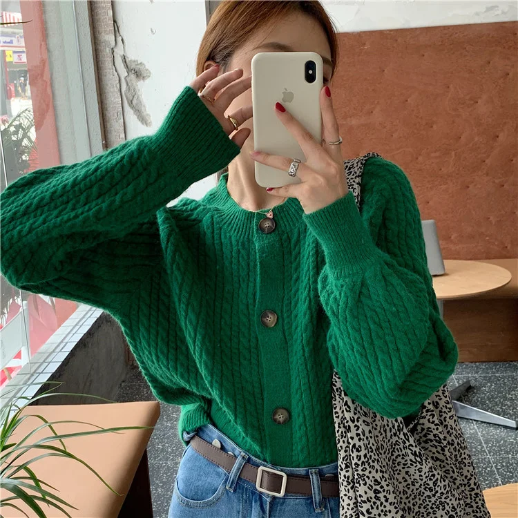 Retro Lazy Style Twist Knitted Cardigan Green Sweater Coat Early Autumn 2021 New Female Loose Crop Top |