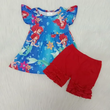 

RTS baby girls summer outfits clothing sets flutter sleeve tunic icing ruffle shorts kids boutique clothes princess print design